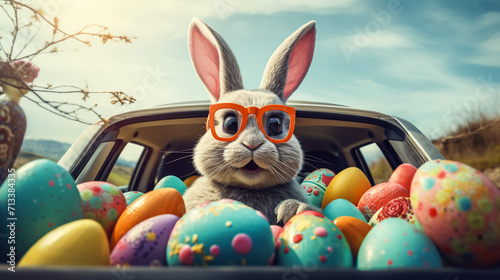 Cute rabbit with sunglasses and colourful Easter eggs in the car Happy Easter concept, Generative AI
