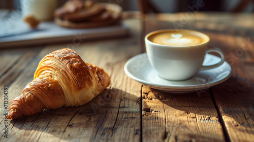 Morning Delight: Freshly Baked Croissant and Frothy Espresso on Rustic Table