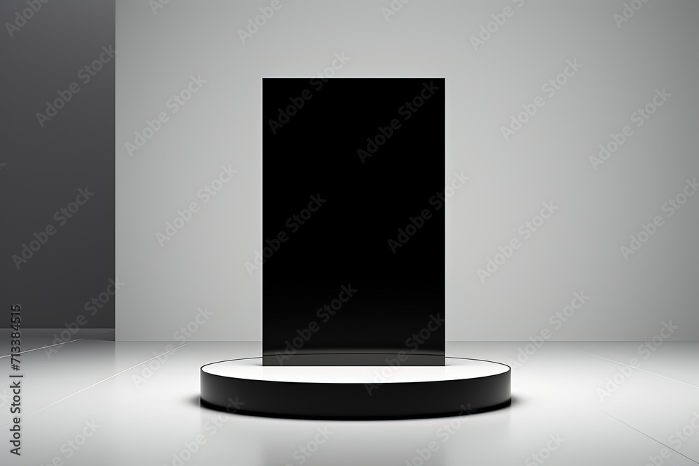 Black podium on grey background. Mock up. Generative Ai Black podium on grey background. Mock up. Generative Ai