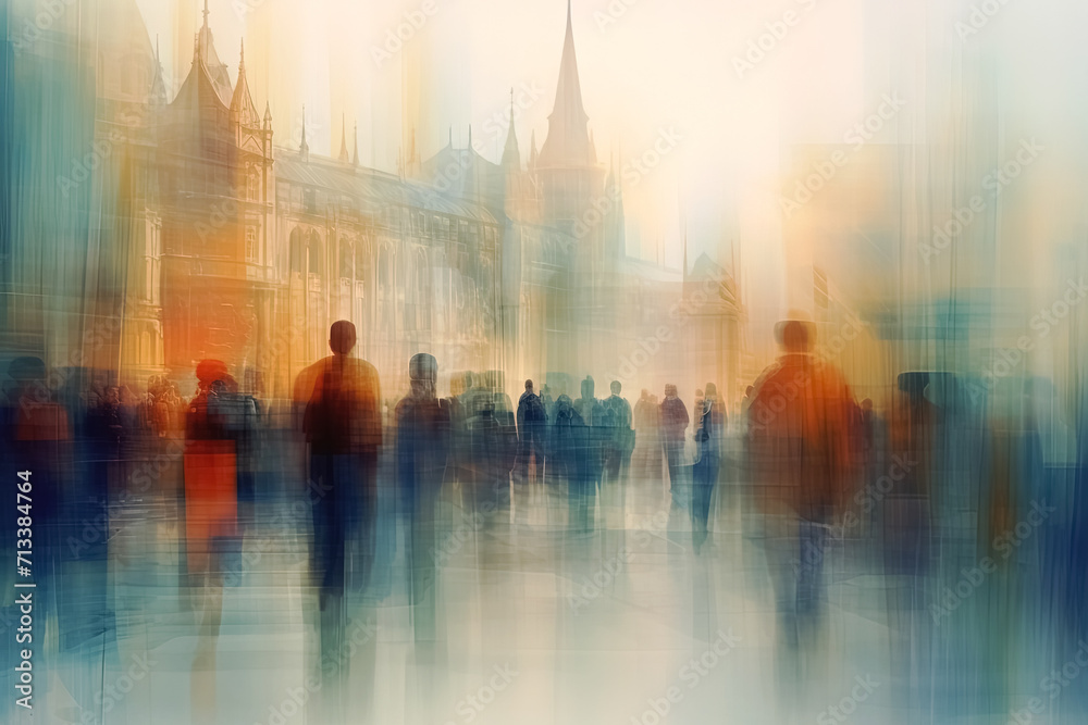 Digital painting of people walking in the street in London, UK. Generative Ai