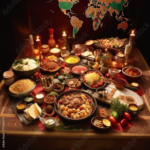 A table full of food with a world map in the background