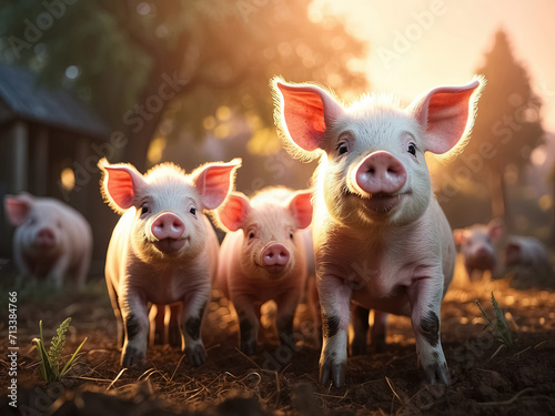 Cute piglets on farm at sunset. Generative Ai © Alexandra