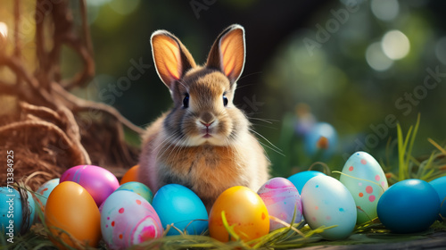 adorable easter bunny rabbit sitting in colourful eggs ,generative Ai