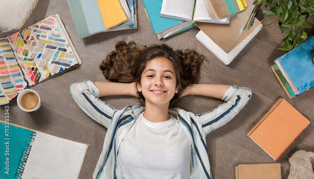 estudante deitada no quarto com braços abertos e livros ao redor, crescimento e educação - obrazy, fototapety, plakaty 