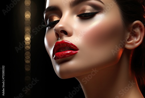 A young woman captured from above, her mouth slightly ajar and eyes closed in an expression of ecstasy. Enhanced with bold fashion, striking makeup, glossy red lipstick photo