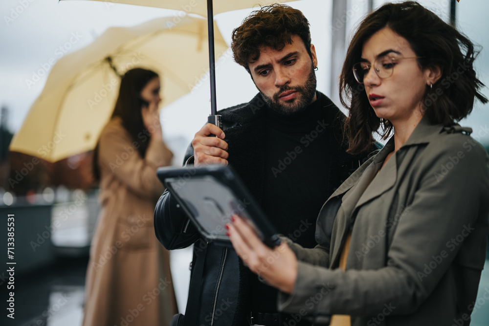 Business colleagues reviewing documents on tablet under umbrella.