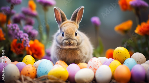 adorable easter bunny rabbit sitting in colourful eggs  generative Ai