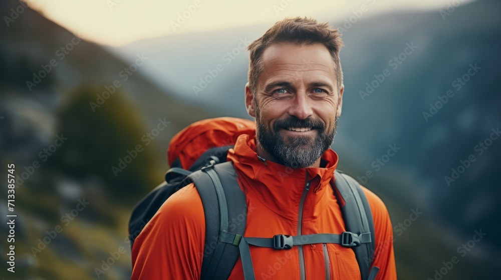 portrait of attractive middle aged man in sportive outfit, hiking outdoor in the mountains portrait of attractive middle aged man in sportive outfit, hiking outdoor in the mountains