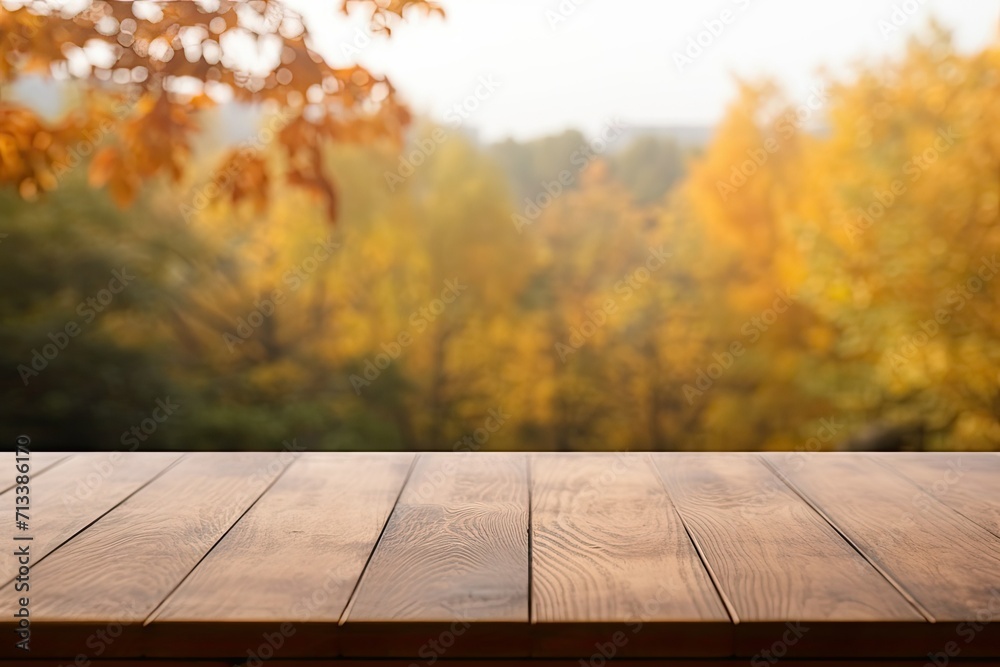 wooden table with autumn leaves