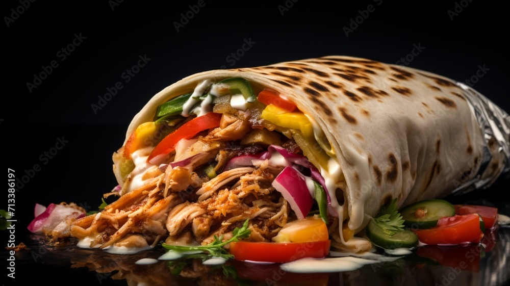An extreme close-up of a loaded chicken shawarma wrap with fresh vegetables and a drizzle of tahini sauce -Generative Ai - obrazy, fototapety, plakaty 