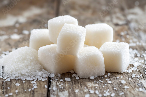Pile of sugar cubes with scattered granules, highlighting the dietary risks and health implications of sugar consumption