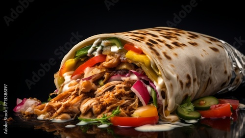 An extreme close-up of a loaded chicken shawarma wrap with fresh vegetables and a drizzle of tahini sauce -Generative Ai