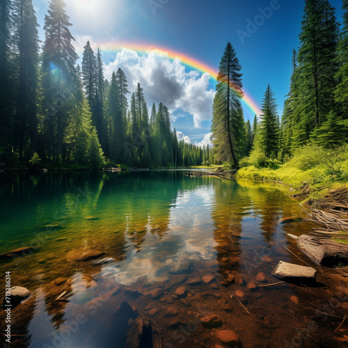 Rainbow lake in a forest