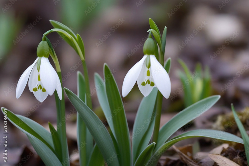 Beautiful first flowers snowdrops in spring forest. Tender spring flowers snowdrops harbingers of warming symbolize the arrival of spring. Scenic view of the spring forest with blooming flowers Beautiful first flowers snowdrops in spring forest. Tender spring flowers snowdrops harbingers of warming symbolize the arrival of spring. Scenic view of the spring forest with blooming flowers