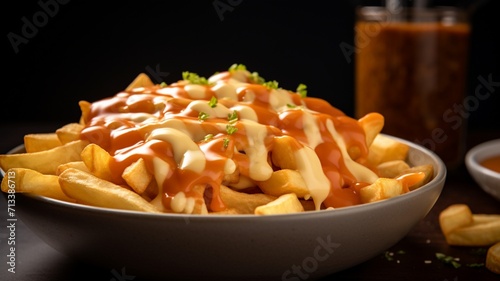 An extreme close-up of a loaded poutine with golden fries, cheese curds, and savory gravy -Generative Ai