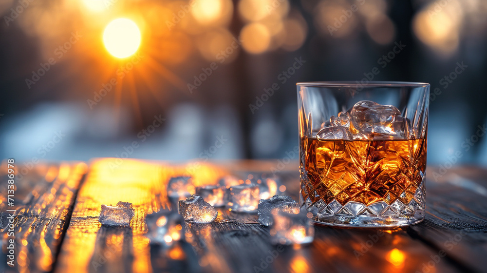 Scotch whiskey in a crystal glass on a wooden table. Ice is scattered on the table. Unusual sun background. Very beautiful illustration. Alcoholic drinks.