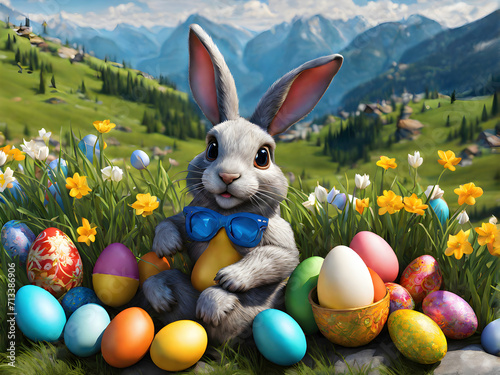 Easter bunny rabbit with sunglasses in bright friendly colors in mountains. © Alexander