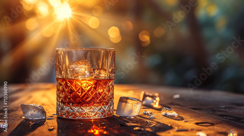 Scotch whiskey in a crystal glass on a wooden table. Ice is scattered on the table. Unusual sun background. Very beautiful illustration. Alcoholic drinks.
