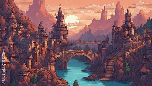 bridge over the river at sunset anime     A pixel art illustration of a fantasy cityscape at dawn with castles,  castle  photo