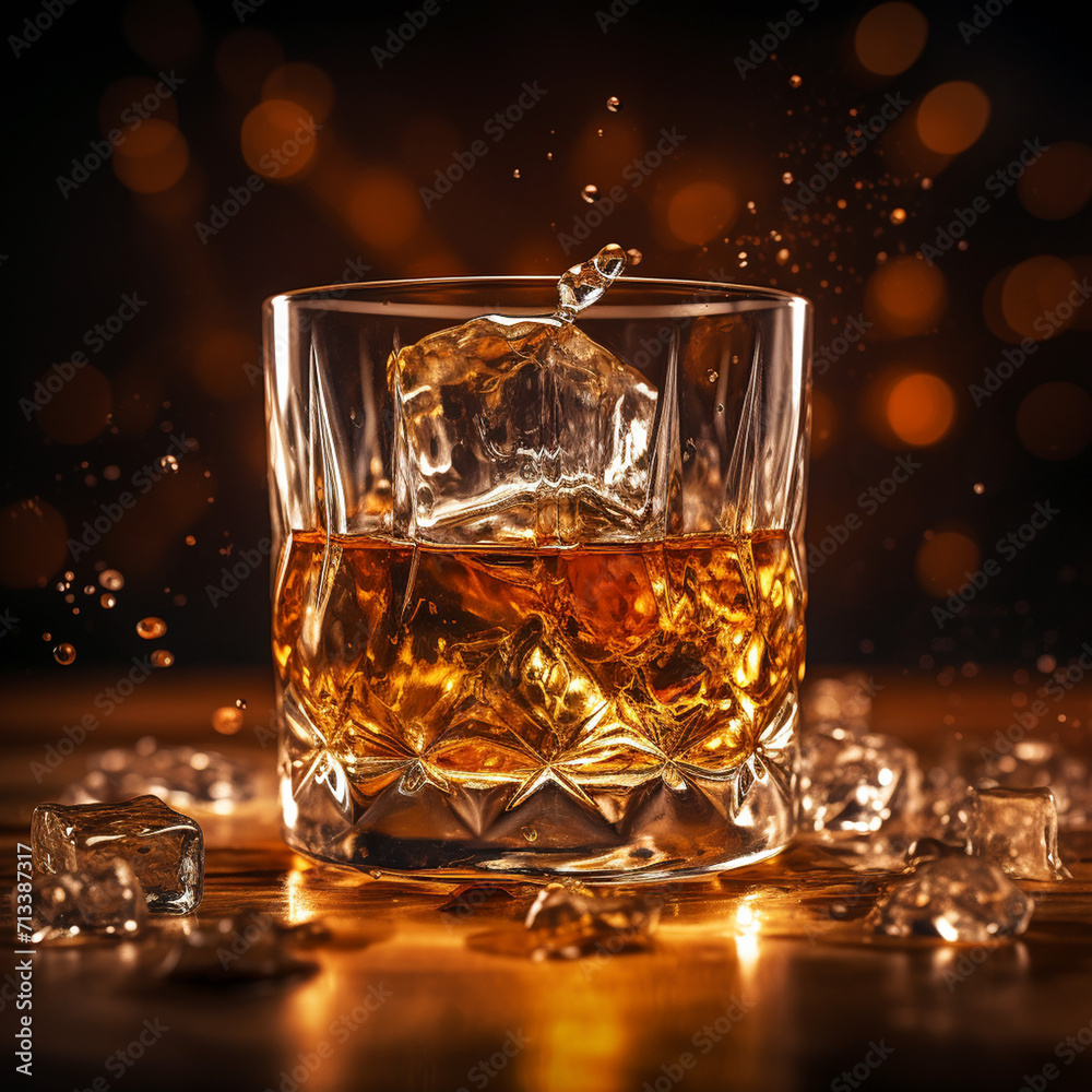 Scotch whiskey in a crystal glass on a wooden table. Ice is scattered on the table. Unusual sun background. Very beautiful illustration. Alcoholic drinks. Scotch whiskey in a crystal glass on a wooden table. Ice is scattered on the table. Unusual sun background. Very beautiful illustration. Alcoholic drinks.