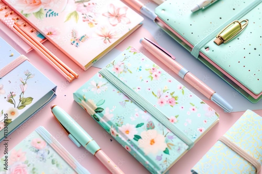 Spring-themed stationery collection, notebooks with floral patterns, pens, arranged creatively, pastel tones Spring-themed stationery collection, notebooks with floral patterns, pens, arranged creatively, pastel tones