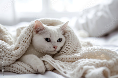 Cute cat lying on the bed undern white soft blanket.