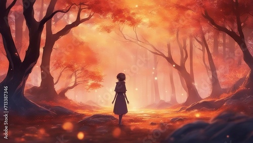 person in the forest She is an anime character who cartoon silhouette spends an evening in the magical forest, where she meets a friendly cartoon character in the shape of a tree. 