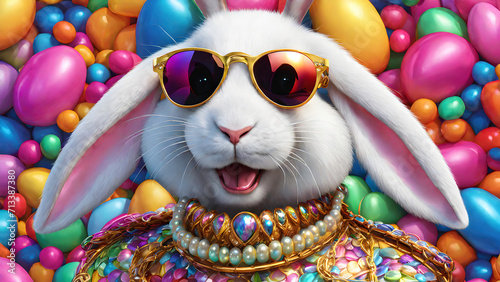 Glamorous Easter bunny rabbit with sunglasses and colorful necklace in bright friendly colors. 