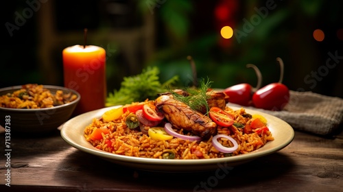 west african meal made of orange-red cooked rice with tomatoes, onions, peppers, and garnished with ripe plantain and chicken on it, served in african traditional plate
