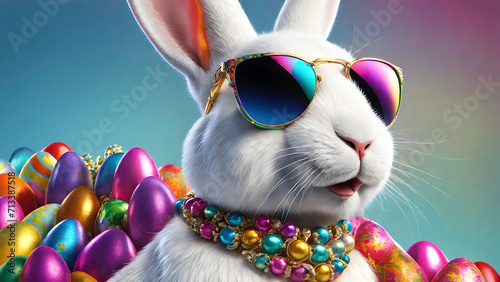 Glamorous Easter bunny rabbit with sunglasses and colorful necklace in bright friendly colors. 