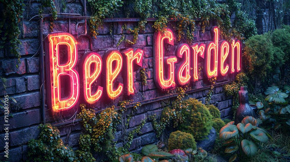 A neon 'Beer Garden' sign outside surrounded by rustic elements - obrazy, fototapety, plakaty 