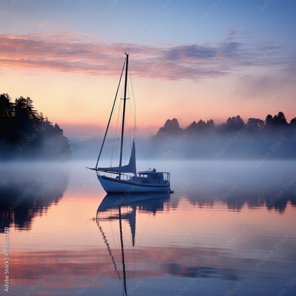 Sailboat misty dawn lake image Generative AI