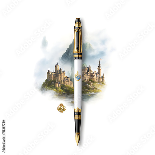 Fountain pen, painting of fairy tale castle on hill, watercolor cute castle, mountain and cloud, fantasy Generative AI