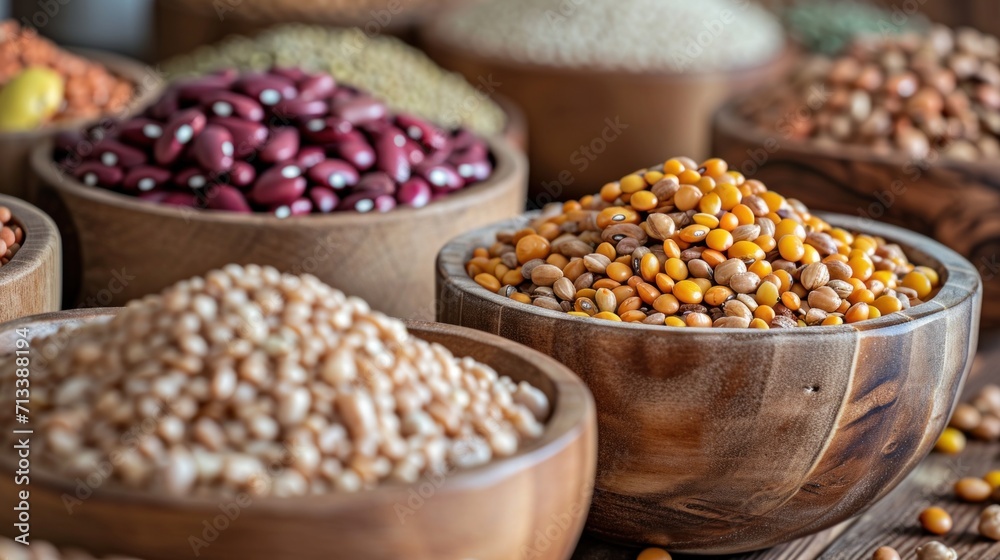 Fototapeta premium Legumes and Grains Variety in wooden bowls 