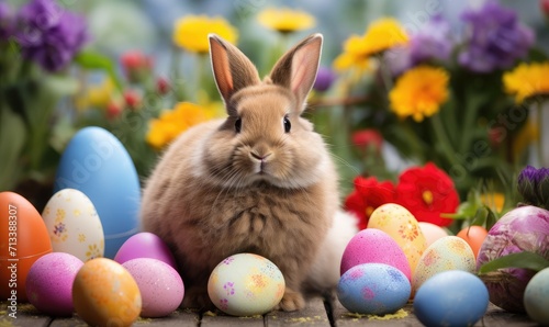 A Curious Rabbit Surrounded by Colorful Easter Eggs © uhdenis