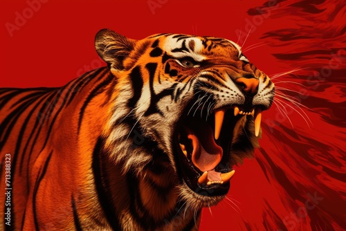 Roaring big tiger on bright red background. Angry big cat  aggressive jaguar attacking. Backdrop with animal for poster  print  card  banner