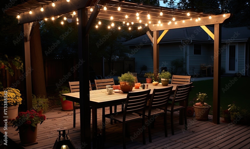 A Cozy Evening on a Rustic Wooden Deck with Twinkling Lights
