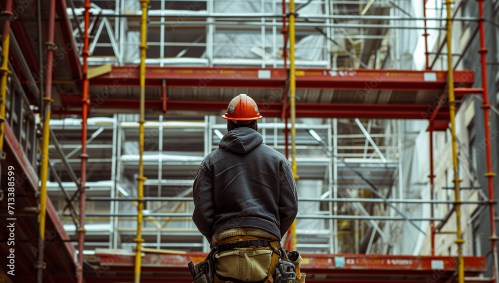 Construction worker, at construction site with scaffolding and building in background Construction worker, at construction site with scaffolding and building in background