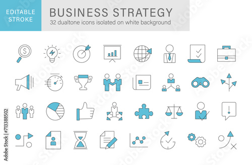 Business strategy icon set in dual tone line style. business solutions icons for web and mobile app. solution, team, marketing, startup, advertising, business process, management. © Fatemeh