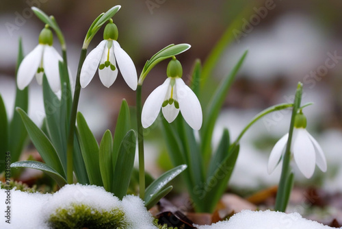 Beautiful first flowers snowdrops in spring forest. Tender spring flowers snowdrops harbingers of warming symbolize the arrival of spring. Scenic view of the spring forest with blooming flowers photo