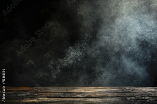 smoke pours onto a wooden table on black background Generative AI