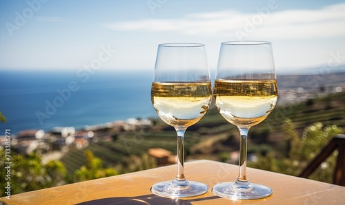 Two Glasses of White Wine on a Table Overlooking the Ocean