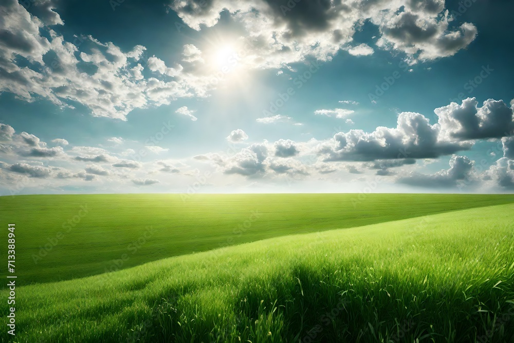 image of vast, lush green field under bright, clear sky. The grass is vibrant and well lit by the sunlight. In the background with minimal clouds offering an open and airy atmosphere-