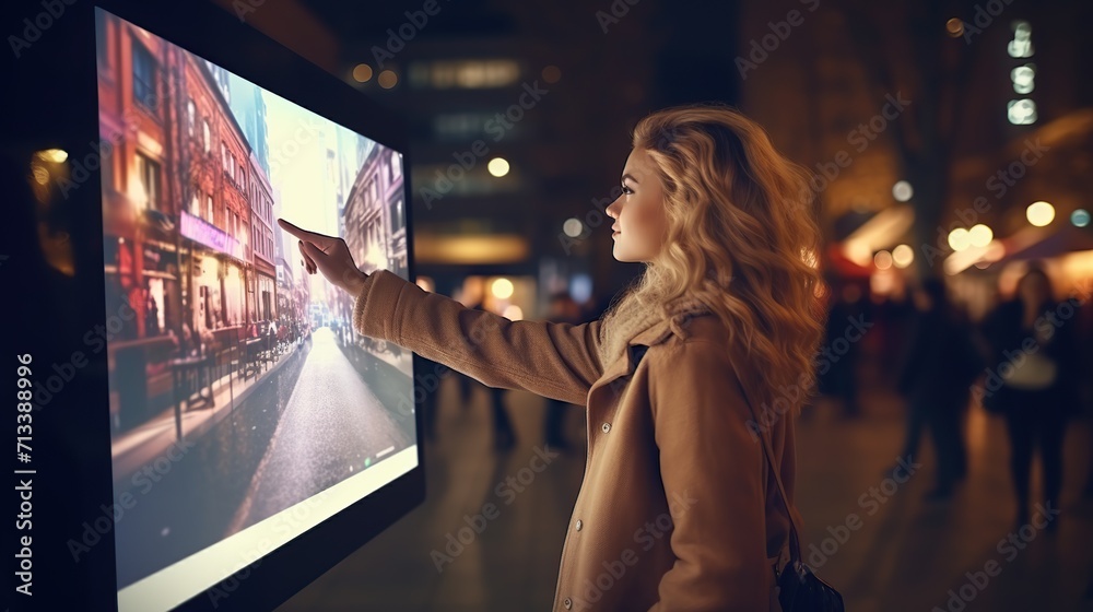 Girl pointing finger to blank monitor display, hipster touch multimedia technology on light night city. copy space for text. Girl pointing finger to blank monitor display, hipster touch multimedia technology on light night city. copy space for text.