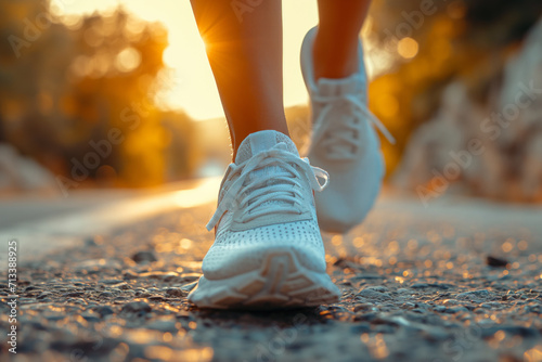 White sneakers hitting the trail at sunrise, a serene moment of fitness and health in the golden morning light