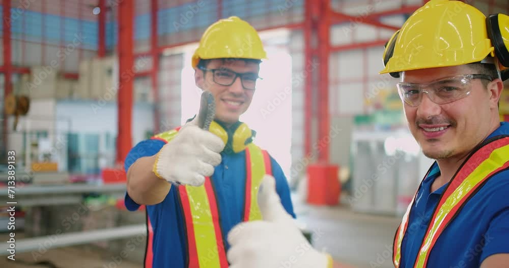 Two smiling Engineers construction industrial workers wearing hardhats safety gear giving thumbs up inside an industrial manufacturing factory