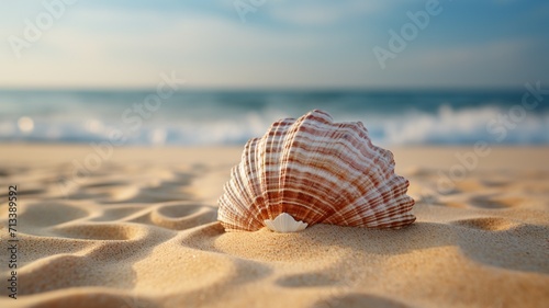 An intricately patterned seashell resting on a bed of golden sand, surrounded by gentle waves leaving intricate imprints -Generative Ai