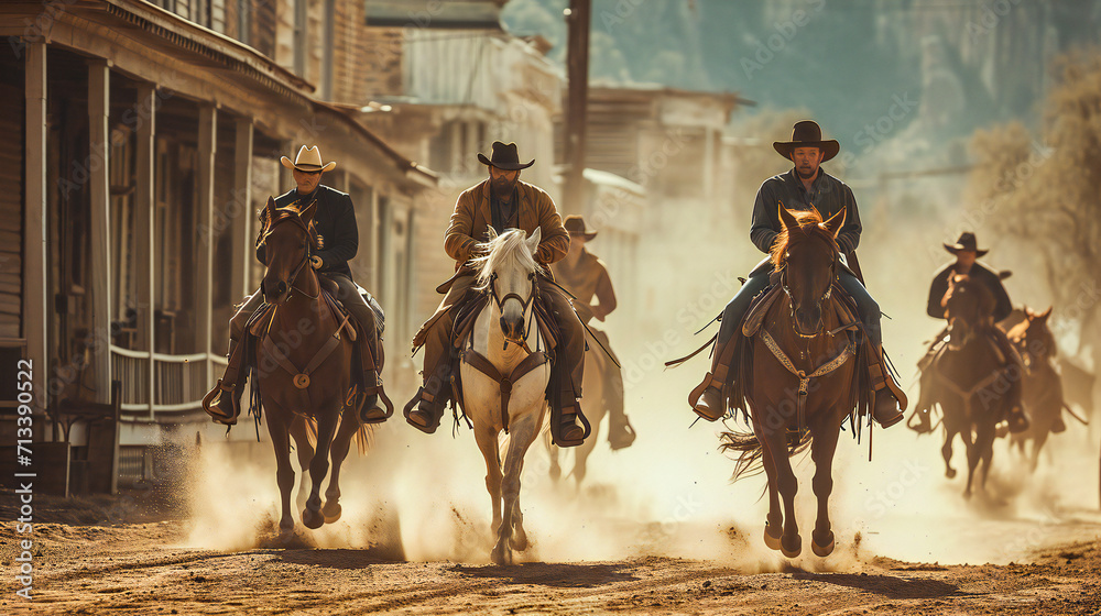 Cowboys riding in an old wild west town - obrazy, fototapety, plakaty 