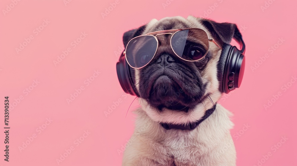 Photo portrait of a funny pug puppy in headphones and sunglasses on a pink background