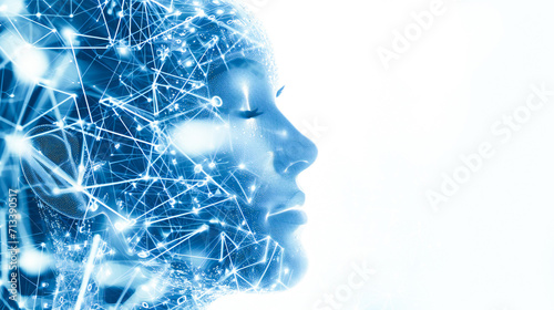 A human head over intricate circuitry. Artificial intelligence and human-computer integration concept. #713390517